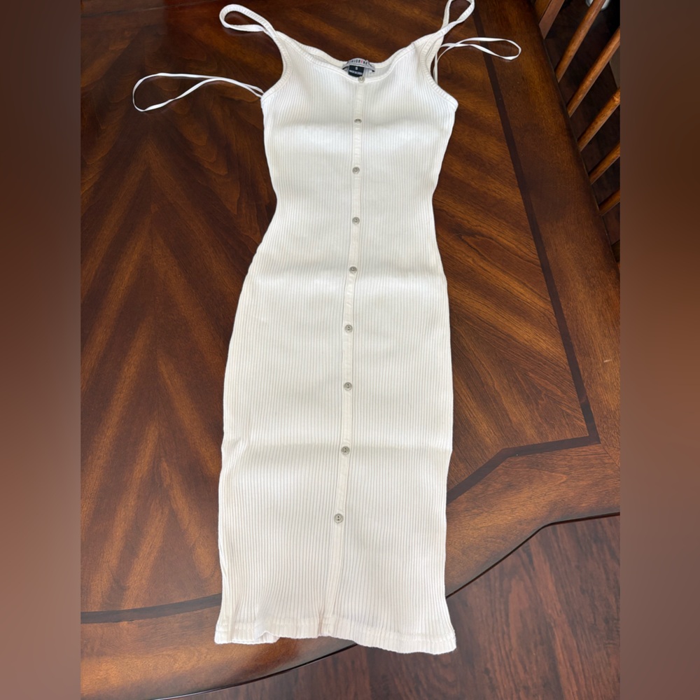 Fashion Nova White Ribbed Button-Front Midi Dress